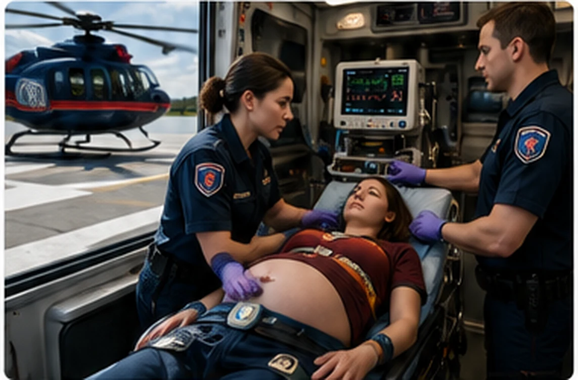 Maternal transport team assessing a pregnant patient in an ambulance with a helicopter visible outside