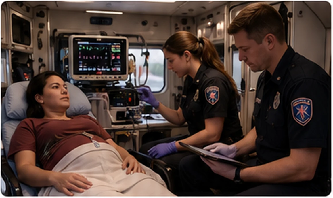 Two transport clinicians briefing at the bedside of a pregnant patient before departure