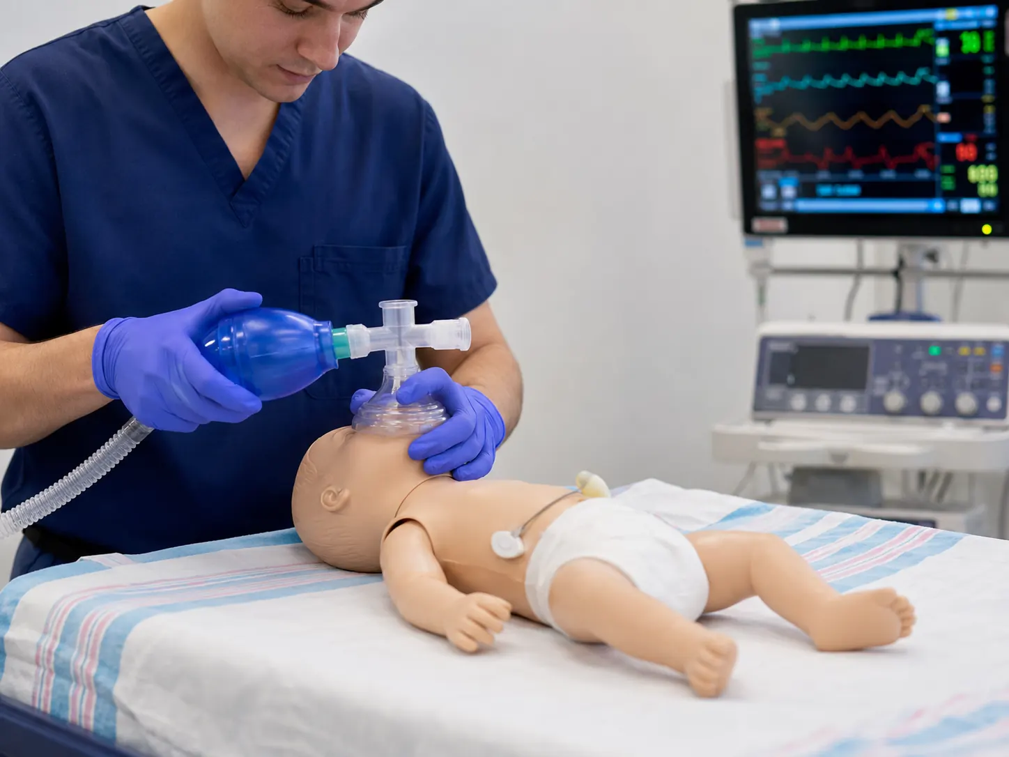 Adult clinician demonstrating neonatal positive-pressure ventilation on a clearly artificial neonatal training mannequin.