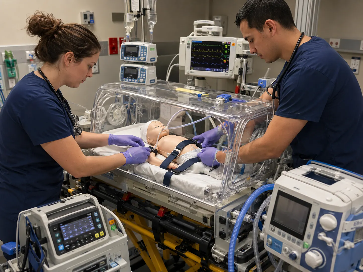 Adult clinicians preparing a clearly artificial neonatal training mannequin within a transport isolette in a simulation environment.