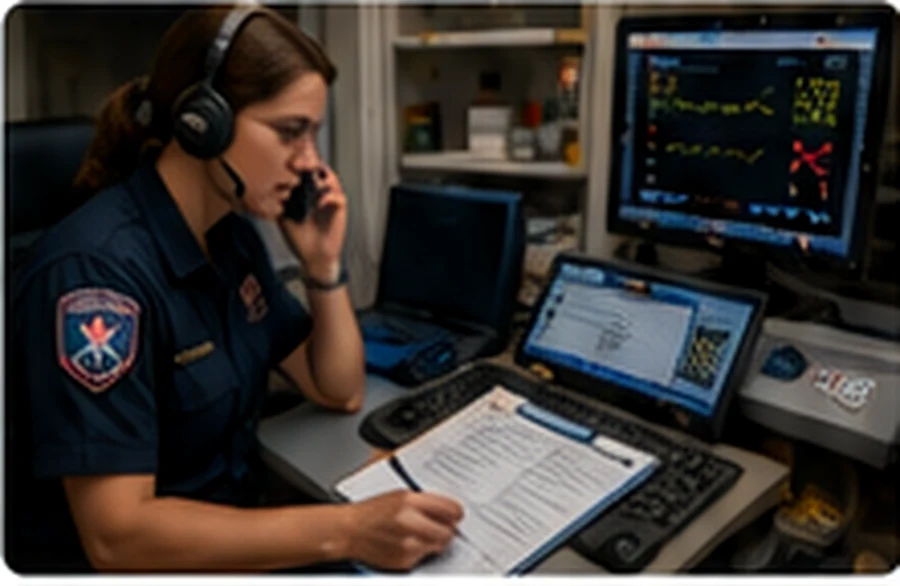 Transport clinician reviewing prenatal records and communicating with the receiving team.