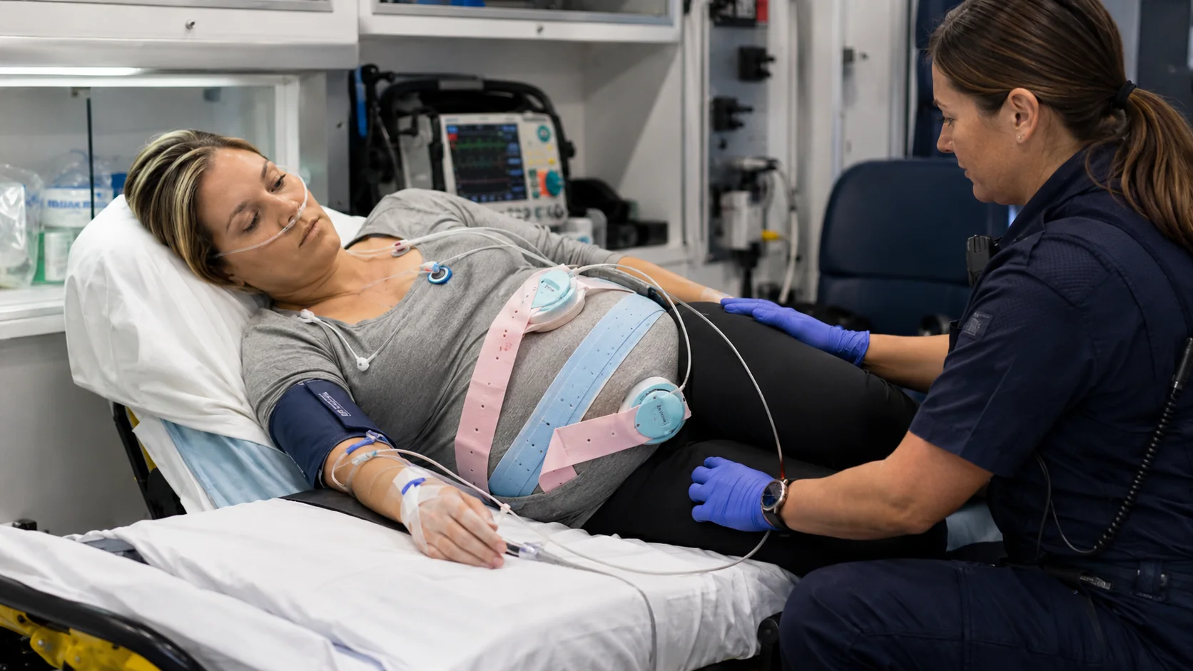 Pregnant patient receiving maternal and external fetal monitoring during transport.